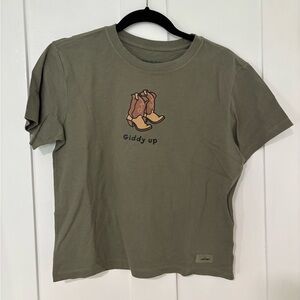 Life Is Good Olive T-Shirt with Boots Graphic NWT
